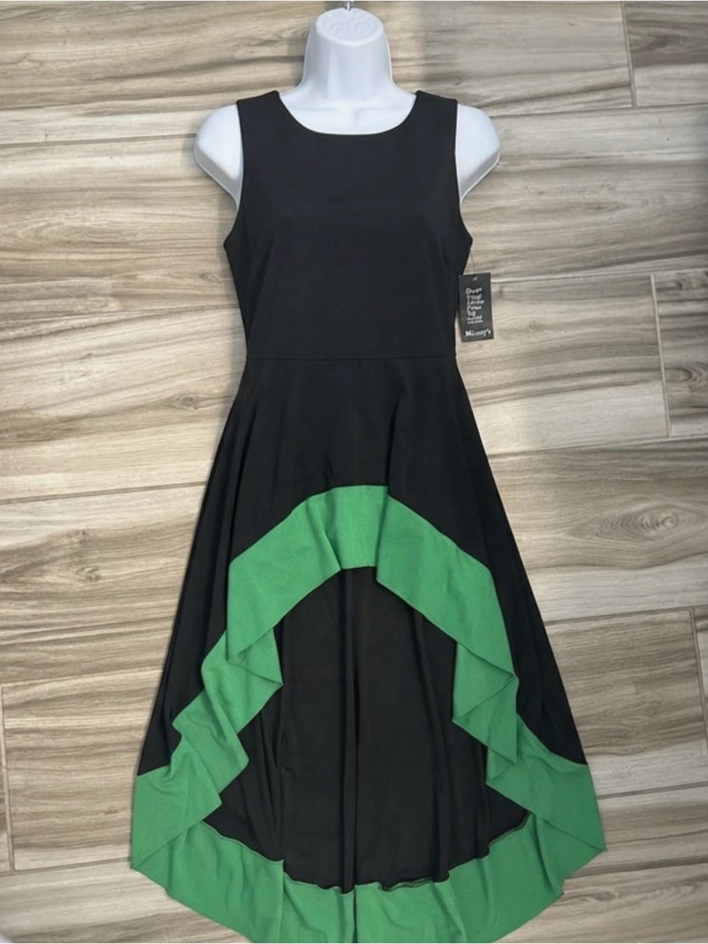 Black High-Low Dress with Green Ruffle Hem